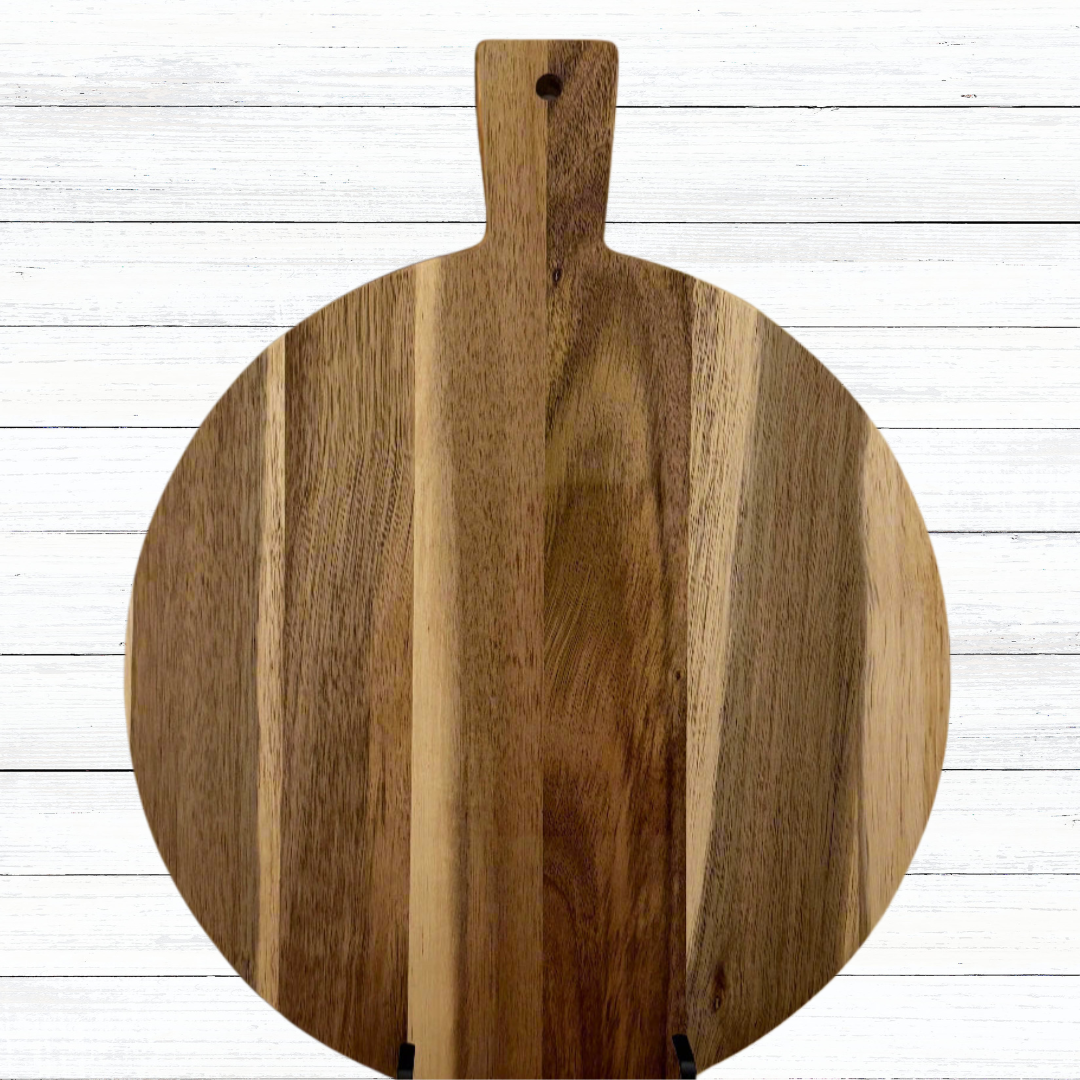 Custom Engraved Round Acacia Wood Cutting Board with Handle | 12 Inch Diameter