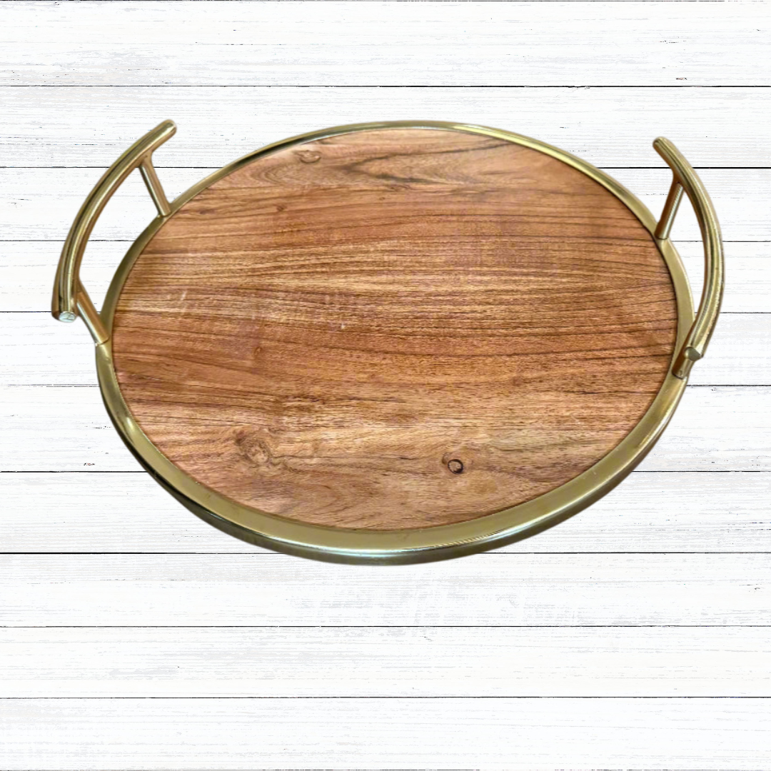 Custom Engraved Round Acacia Wood & Gold Metal Serving Tray | 14 inch Diameter