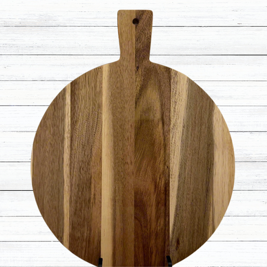 Custom Engraved Round Acacia Wood Cutting Board with Handle | 12 Inch Diameter