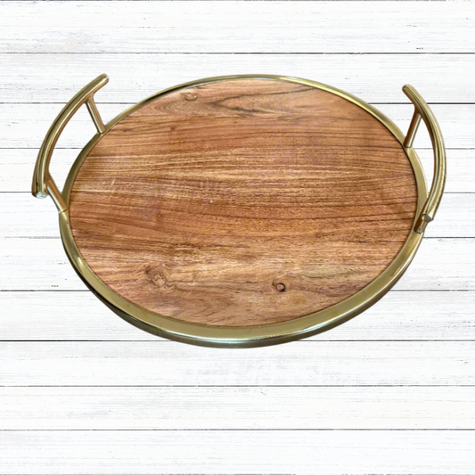 Custom Engraved Round Acacia Wood & Gold Metal Serving Tray | 14 inch Diameter