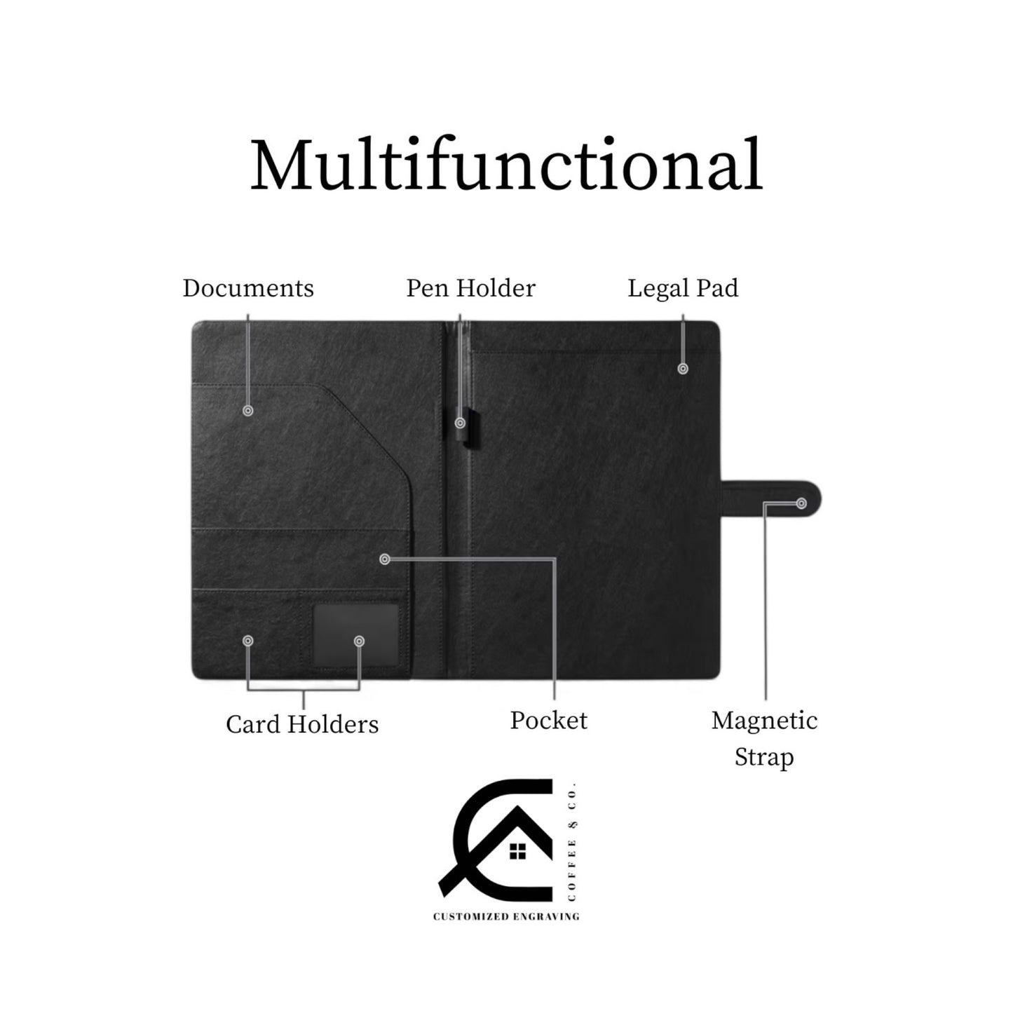 Custom Engraved Leatherette Padfolios | A4 Legal Pads Fit | Pockets & Card Holders | Magnetic Strap Closure