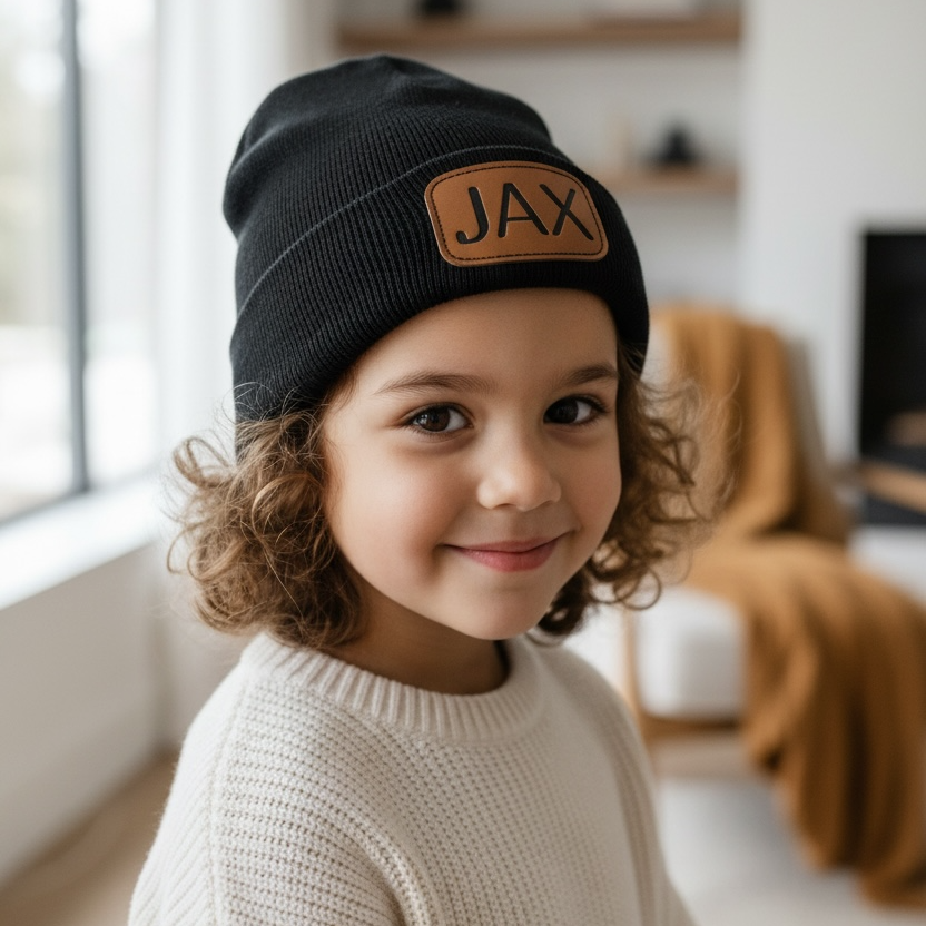 Personalized Leather Patch Beanies | One Size Fits Most Adults & Kids