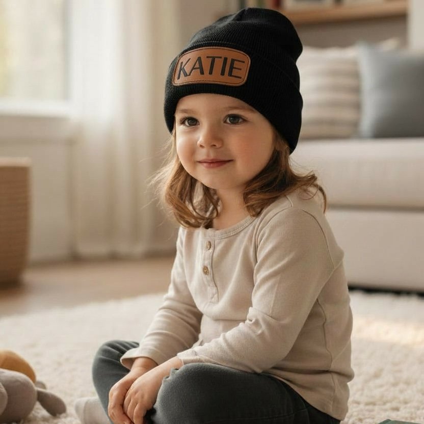 Personalized Leather Patch Beanies | One Size Fits Most Adults & Kids
